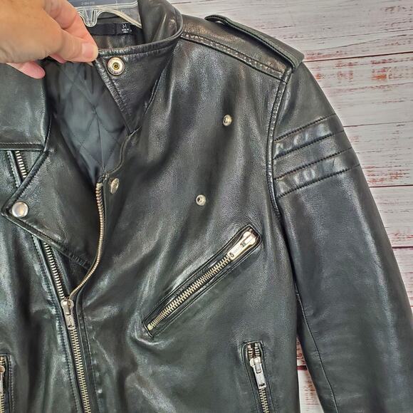 BLK DNM Black Leather Moto Biker Jacket Women's M Zip Bomber Coat Buckle Belted - Picture 10 of 16